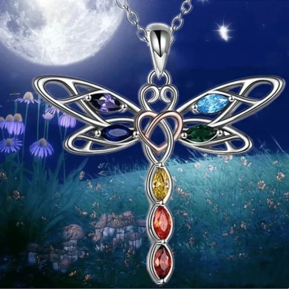 1 LEFT! Silver Colorful Rhinestone Dragonfly Necklace - Picture 3 of 5